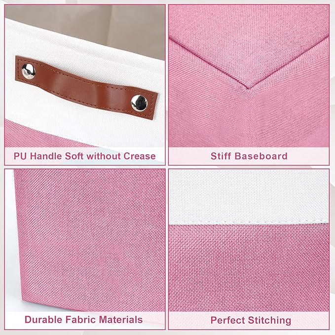 13x13 Cube Storage Bins, Collapsible Fabric Storage Box, 4 Pack Closet Baskets with Handles for Organizing, Shelf, Toys, Clothes, Home, Office, Nursery (Pink&White)-CubbioJoy
