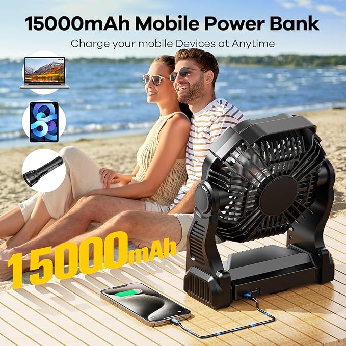 15000mAh Portable Battery Powered Camping Fan - with LED Light, Quiet Battery Operated, Camping Gear for Travel, Tent, Beach, Car or Hurricane Power Outages，Black-CubbioJoy
