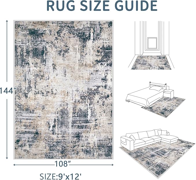 Area Rugs 9x12 Living Room: Washable Rug Modern Abstract Large Rugs Soft Non Slip Neutral Rug Stain Resistant Indoor Carpet for Bedroom Kitchen Dining Room Home Office Rugs(Black Brown,9'x12')-CubbioJoy