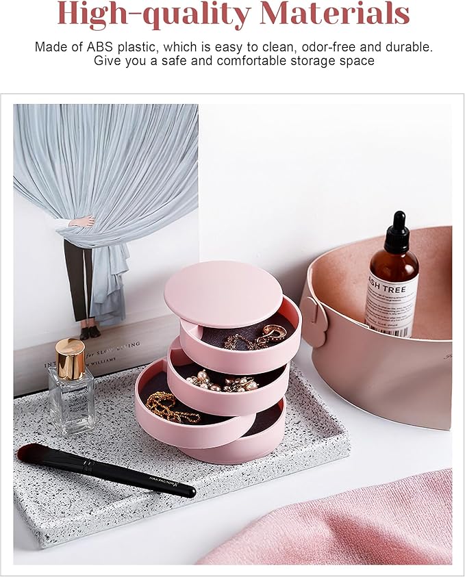 CONBOLA Jewelry Organizer, Small Jewelry Storage Box Earring Holder for Women, 4-Layer Rotating Travel Jewelry Tray Case with Lid for Bracelets Rings Bracelets, Gift for Women Teen Girls-CubbioJoy