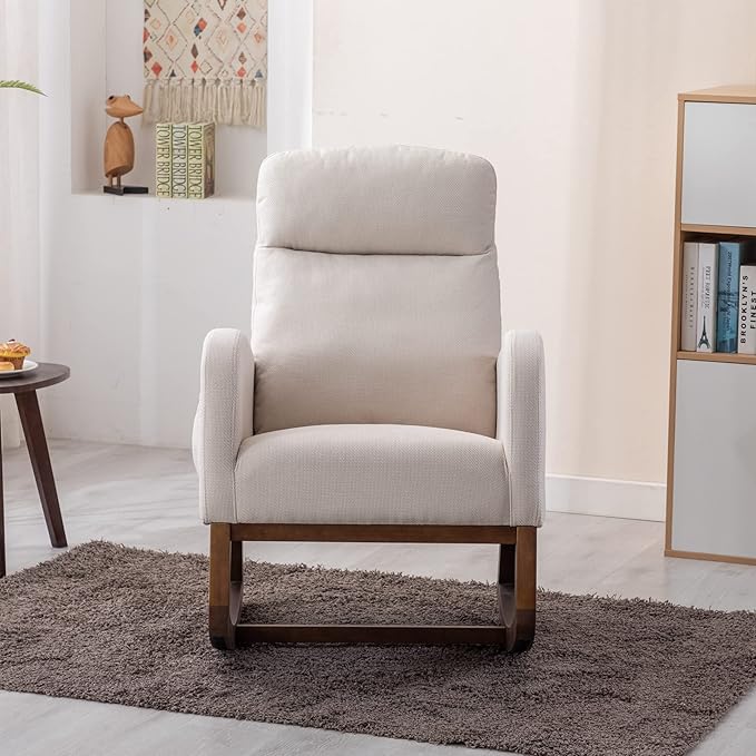 Dolonm Nursery Rocking Chair for Living Room, Upholstered Mid-Century Modern Nursery Rocking Armchair Tall Back Accent Glider Rocker, Beige-CubbioJoy