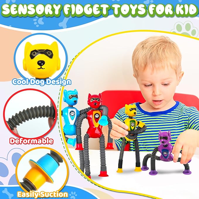 Cool Robot Dog Pop Tubes Sensory Fidgets Toddler Toy 4PC Travel Toys Airplane Car Activities Autistic Road Trip Toys Suction Tube for Kid Boy Year Old Ages 3 4 5 6 7 8 ADHD Autism Fidget Classroom-CubbioJoy