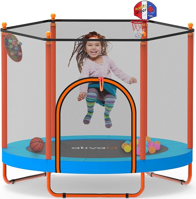 Ativafit 60'' Rebounder Trampoline Indoor Outdoor for Kids Ages 1-8, 5 FT Recreational Toddler Trampoline with Safety Enclosure Net Gifts with Basketball Hoop Dartboard Ocean Bal-CubbioJoy
