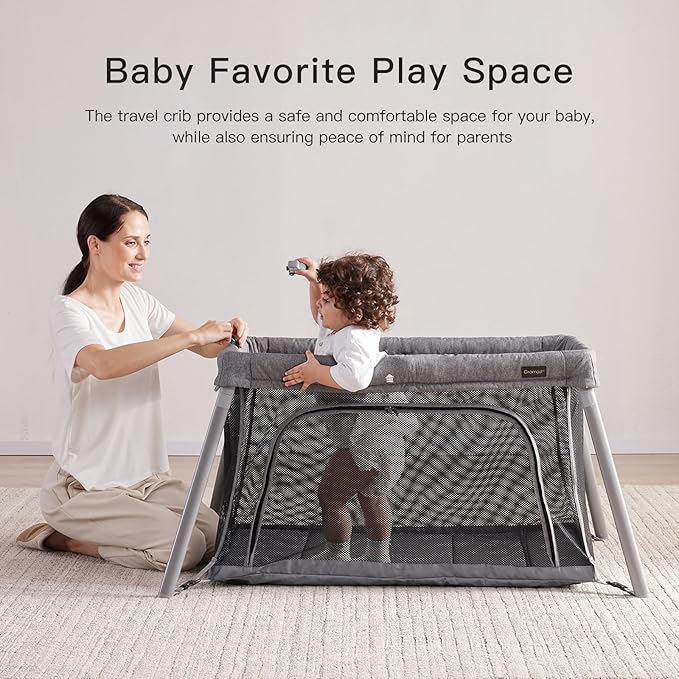 2 in 1 Portable Travel Crib for Toddler, Foldable Crib for Baby, Lightweight Playpen Collapsible Playard with Soft Mattress, Easy to Carry Baby Travel Bed for Outdoor, Indoor (Grey)-CubbioJoy