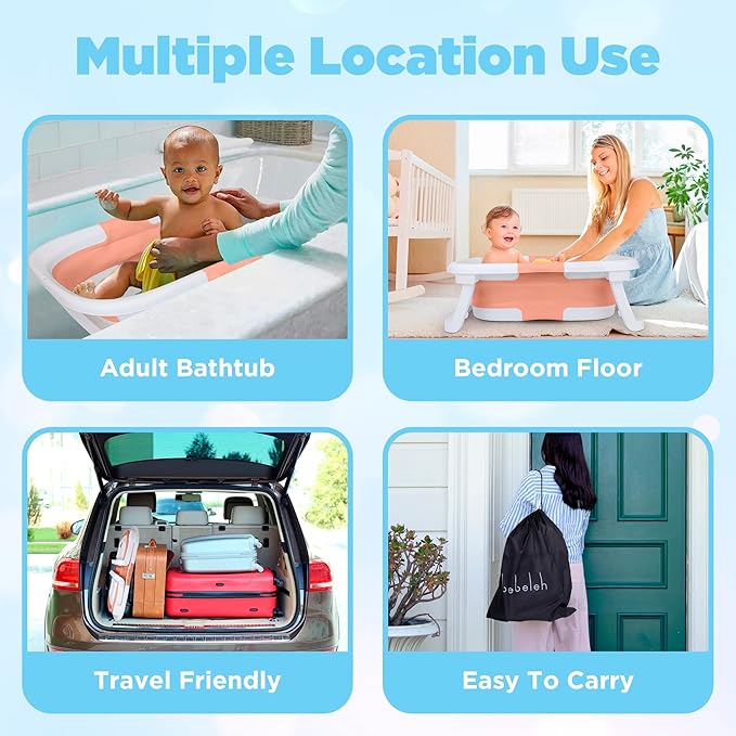 BEBELEH™ Collapsible Baby Bathtub with Thermometer – Bathtub + Baby tub Sling + Newborn Sling – Baby Bathtub Newborn to Toddler 0-24 Months – The Ultimate Baby Bath tub! (with Thermometer,Pink)-CubbioJoy
