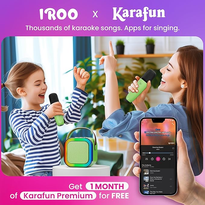 IROO Mini Karaoke Machine for Kids, 2025 TOP Toys Birthday Gifts Ideas for Girls Ages 4, 5, 6, 7, 8, 9, 10, 12+ Years Old, Portable MP3 Player with 2 Wireless Mics for Party-CubbioJoy