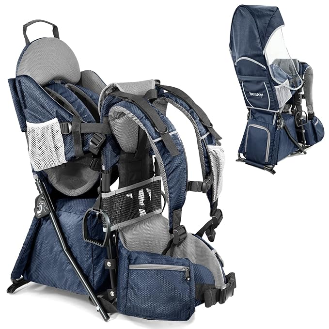 besrey Baby Backpack Carrier, Toddler Hiking Backpack with Safety 3-Height Seat, Adjustable Straps&Waist Belt, Foldable Frame Lightweight Large Capacity Child Carrier for Hiking (Blue/Grey)-CubbioJoy