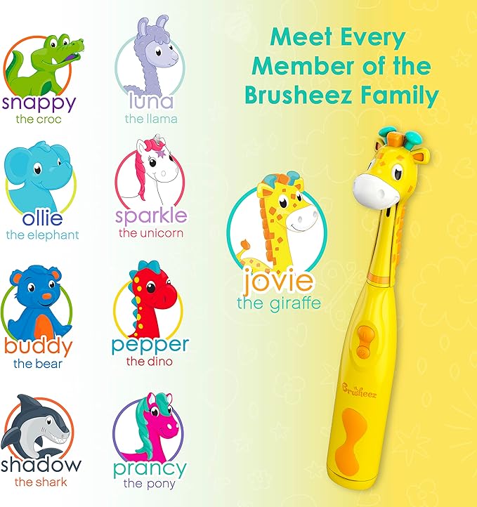 Brusheez Kids’ Electric Toothbrush Set - Safe & Effective for Ages 3+ - Parent Tested & Approved with Gentle Bristles, 2 Brush Heads, Rinse Cup, 2-Minute Timer, & Storage Base (Jovie The Giraffe)-CubbioJoy