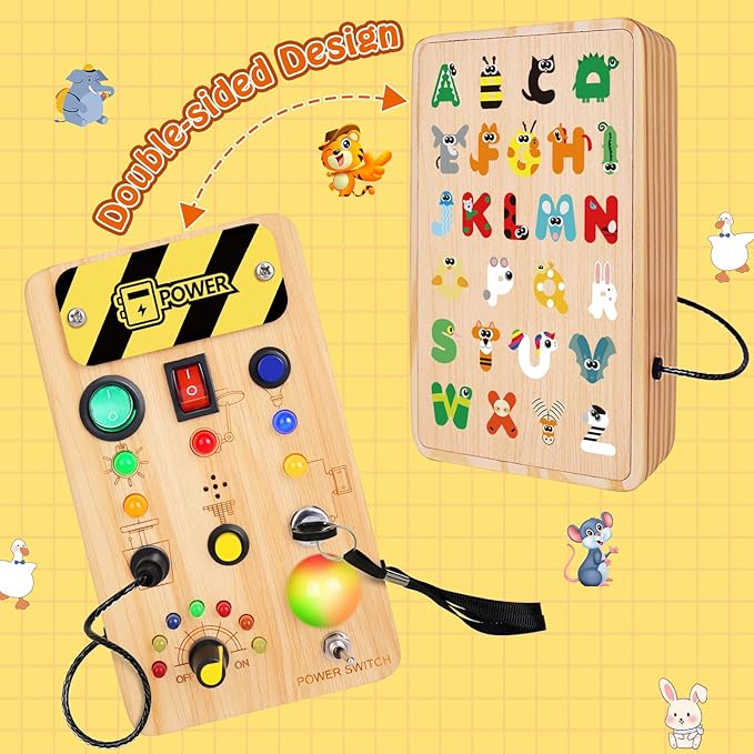 Busy Board Montessori Toys for Toddler, Wooden Sensory Board Switch Toy with Color-Changing LED Light Up Travel Toys Educational Plane Travel Activity for 1-6 Year Old Girls & Boys Gifts-CubbioJoy