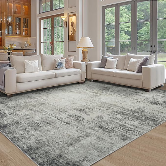 Area Rug 9x12 Washable Rugs: Abstract Large Living Room Rugs with Non-Slip Backing, Stain Resistant Indoor Floor Carpet for Bedroom Dining Room Table Nursery Hallway Home Office-Black/Gray-CubbioJoy