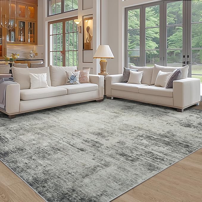 Area Rugs 8x10 Living Room Rugs: Modern Abstract Washable Rug with with Non-Slip Backing, Stain Resistant Indoor Floor Large Carpet for Bedroom Dining Room Table Nursery Hallway Home Office-Black/Gray-CubbioJoy