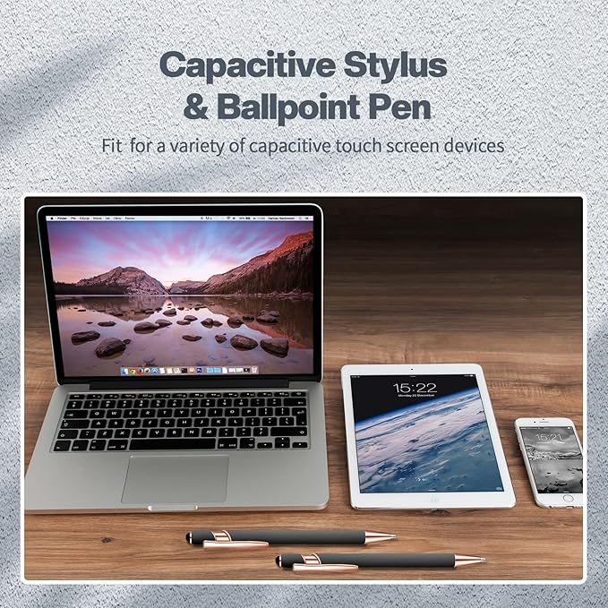 8 Pieces Ballpoint Pen with Stylus Tip Black Ink 2 in 1 Stylus Metal 1.0 mm Medium Point Smooth Pen Rainbow Colorful Rubberized Ballpoint for Touch Screen Tablet(Gray)-CubbioJoy