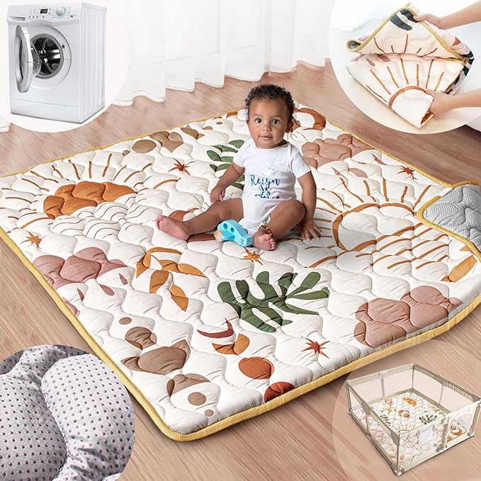 Baby Play Mat, 50x50 Playpen Mat with Super Soft Touch, Activity Mat with Upgraded Anti-Slip Bottom, Machine Washable Crawling Mat for Floor & Picnic(Boho Nature)-CubbioJoy