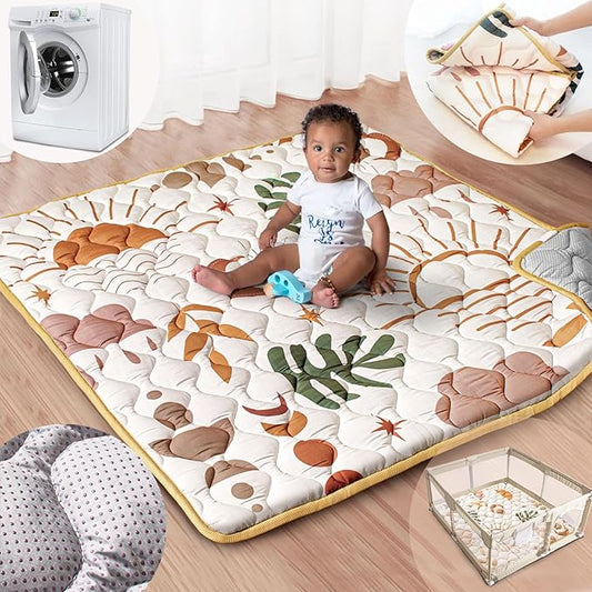 Baby Play Mat, 50x50 Playpen Mat with Super Soft Touch, Activity Mat with Upgraded Anti-Slip Bottom, Machine Washable Crawling Mat for Floor & Picnic(Boho Nature)-CubbioJoy