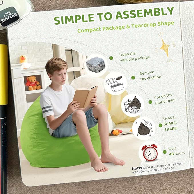 2FT Bean Bag Chair, Comfy Bean Bag Chairs with Memory Foam Filled, Fluffy Beanbag Sofa with Dutch Velvet Cover, Teardrop BeanBag Chairs for Living Room, Playroom - Lime-CubbioJoy