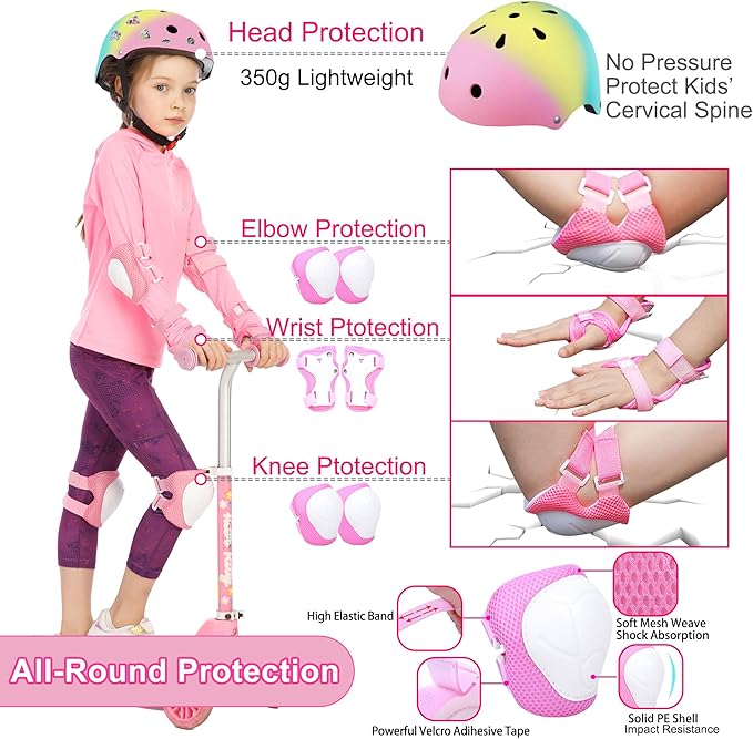 Kids Bike Helmet with DIY Stickers and Knee Pads Elbow Pads Wrist Guard Set for Ages 3-8-14 Toddler Boys Girls Helmet for Roller Skates Cycling Skateboarding Bicycle Scooter-CubbioJoy