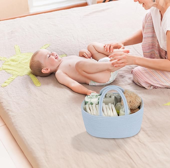 Diaper Caddy Organizer Cotton Rope Baby Basket Nursery Storage and Portable Tote Bag for Car Ideal Baby Shower Gifts and Registry Must-Have for Newborn Essentials blue-CubbioJoy