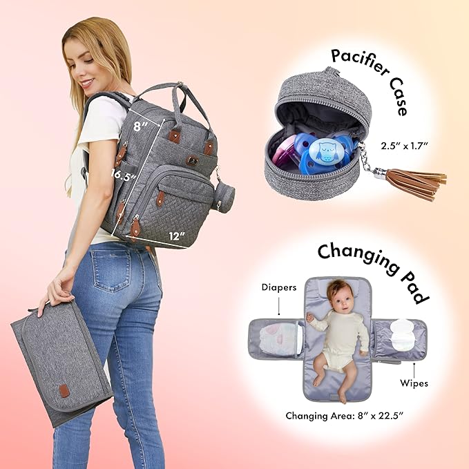 Dikaslon Diaper Bag Backpack with Portable Changing Pad, Pacifier Case and Stroller Straps, Large Unisex Baby Bags for Boys Girls, Multipurpose Travel Back Pack Moms Dads, Gray-CubbioJoy