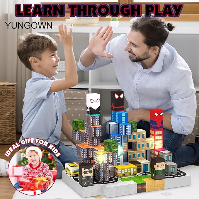 150 PCS Magnetic Blocks Building Toys Set, Spider Toys Light Up Magnetic Building Blocks for Boys Girls Ages 3+, 1 Inch Magnet Cubes STEM Sensory Construction Toy City Themes-CubbioJoy