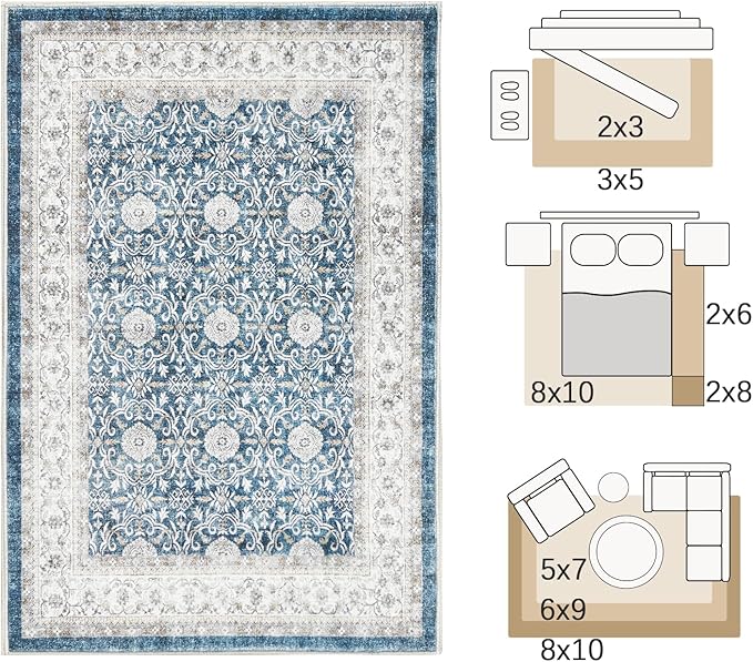 jinchan Floral 2x3 Rugs for Entryway - Machine Washable Dark Blue Vintage Distressed Boho Design Soft Faux Wool Small Non-Slip Doormat for Entrance Kitchen Living Room Bedroom (2‘x3',Dark Blue)-CubbioJoy