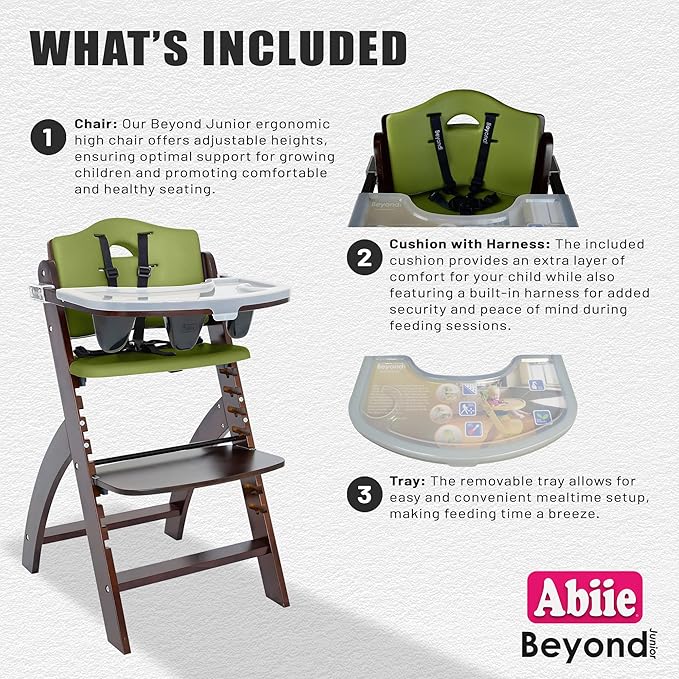 Abiie Beyond Junior Wooden High Chair with Tray - Adjustable and Convertible High Chair for Babies and Toddlers - 6 Months to 250 Lb - Water Resistant - Mahogany Wood/Olive Cushion-CubbioJoy
