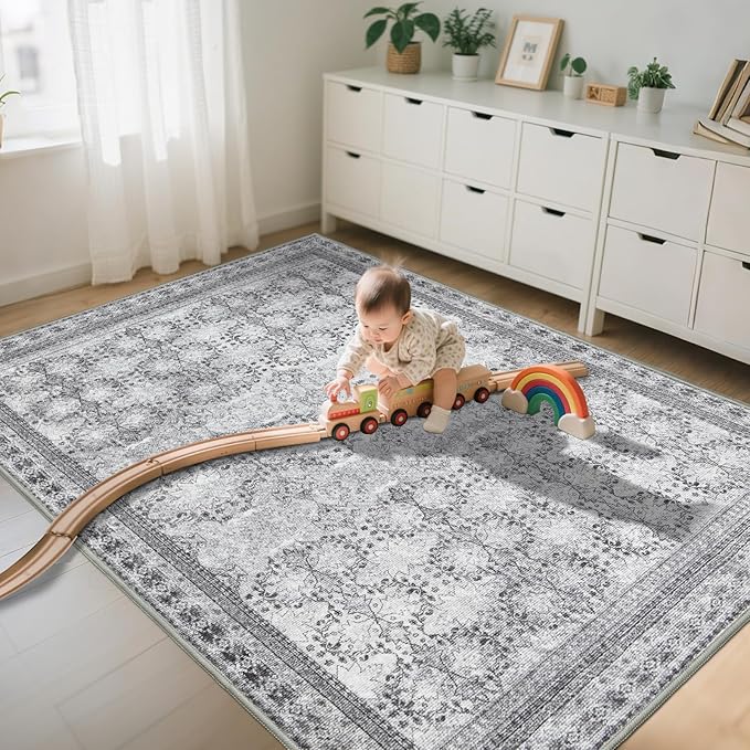 5x7 Washable Area Rug for Living Room Faded Grey, Non Slip Vintage Floral Bedroom Rugs Retro, Traditional Indoor Floor Carpet for Dining Room, Kitchen, Farmhouse, Office Classroom-CubbioJoy