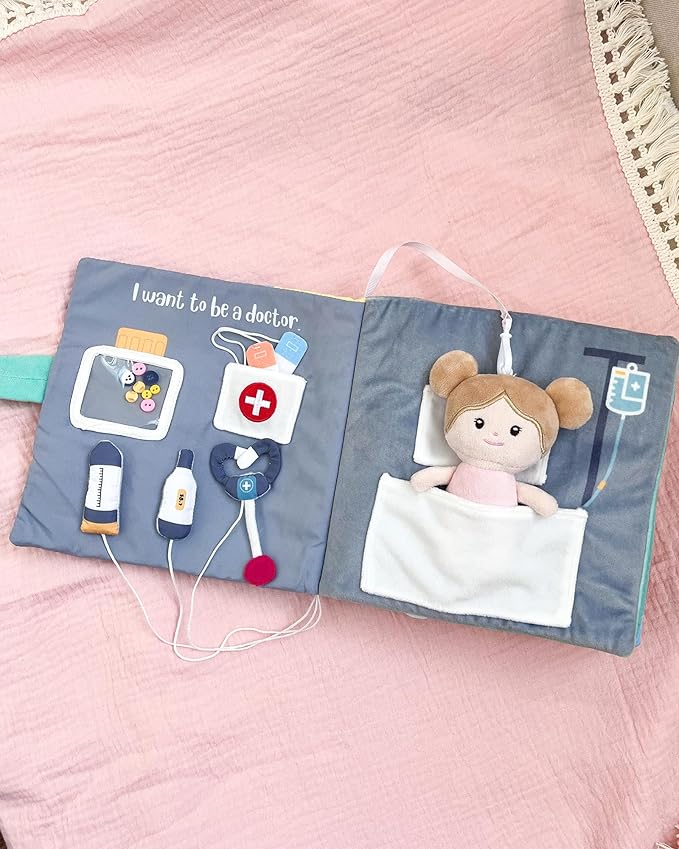 Interactive Sensory Soft Cloth Book, Educational Crinkle Quiet Activity Busy Book for Babies,Toddler Travel Toy Gift for Boys and Girls (I Want to Be)-CubbioJoy