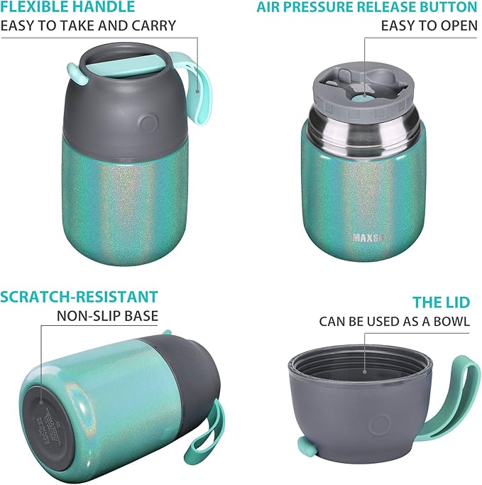 Insulated Food Jar for Hot & Cold Food for Kids Adult,17 oz Soup Thermo Hot Food Containers for Lunch, Triple Layer Insulation Stainless Steel Food Jar with Spoon (GPeacock)-CubbioJoy