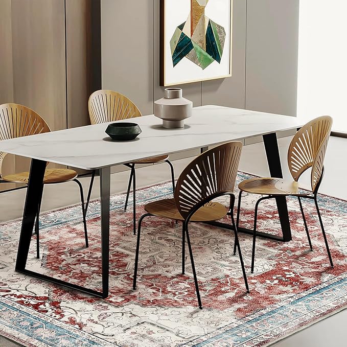 Area Rug 6'x9' Washable Red Blue Rug Vintage Traditional Floor Cover Retro Kitchen Indoor Distressed Non Slip Carpet Floral Print Mat Living Room Bedroom Dining Room-CubbioJoy