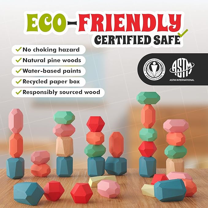 36 Pcs Wooden Stacking Blocks – Montessori Toys for 1 2 3 4 5 6 Year Old Toddlers and Kids, XL Rocks, No Choking Hazard – Sensory STEM Building Stones, for Girls and Boys-CubbioJoy