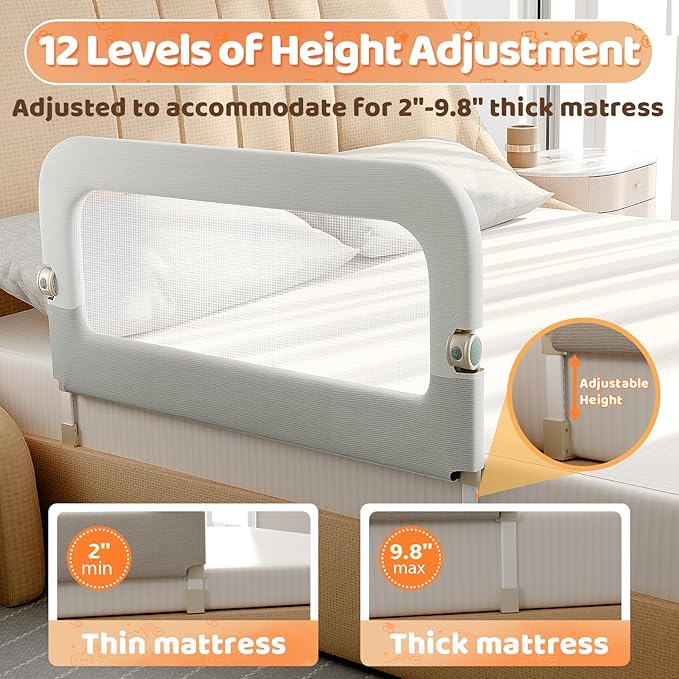 Bed Guard Rail for Toddlers - 32inch Folding up & Adjustable Heights Baby Bed Safety Rails - Portable Toddler Bed Barrier Railing Guard for Kids Twin, Bunk, Queen, Full Size Bed-CubbioJoy