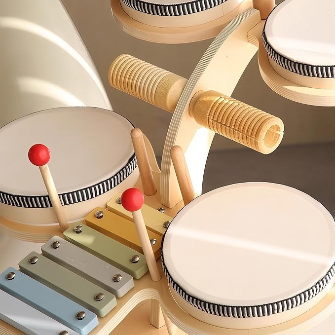 iPlay, iLearn Toddler Wooden Drum Set, Kids Musical Instruments Toy, 8 in 1 Percussion Drum Kit W/Xylophone Cymbal, Baby Montessori Learning Birthday Gifts for 18 Month, 2 3 4 5 6 Year Old Boy Girl-CubbioJoy