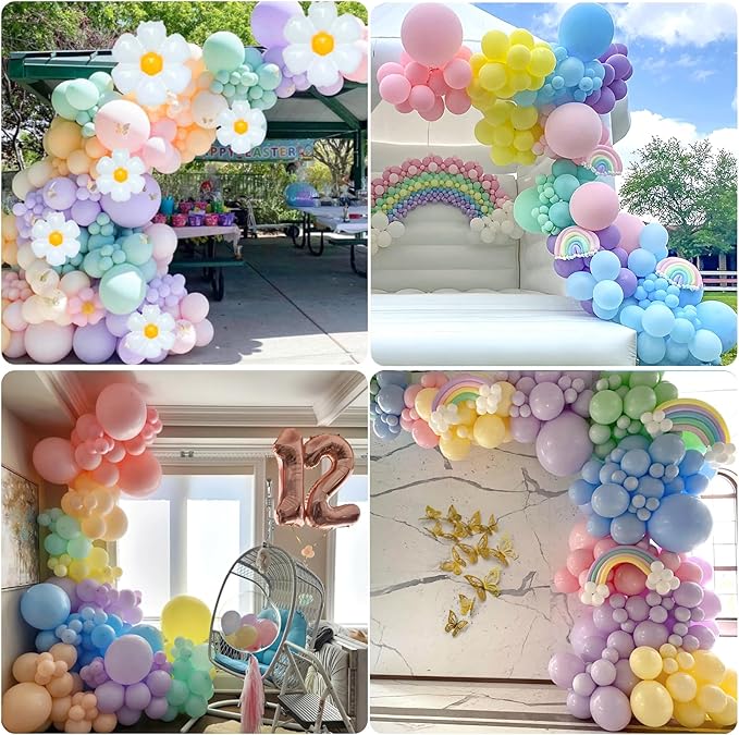 219Pcs Daisy Balloon Arch Garland Kit - Pastel Rainbow Balloons Arch Kit with Daisy Balloons,Banner,Cake Toppers,12 3D Butterfly, for Birthday Party, Baby Shower, Flower Themed Party Decorations-CubbioJoy