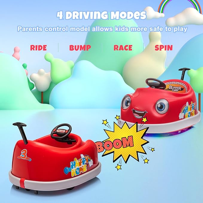 12V Dual Battery Electric Ride on Kids Bumper Car w/Remote Control,360 Degree Spin,Push Rod Rocker Horse Function,3-Speeds Babies & Toddlers Bumping Car Ride on Toy Gift for 1-4 Years Children (Red)-CubbioJoy