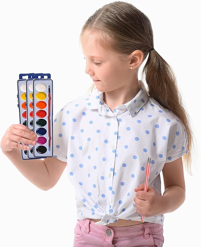 Bedwina Watercolor Paint Set- Bulk Of 24 Sets - 8 Water Color Washable Paints, Palette Tray and Painting Brush, for Art Schools and Paint Party Supplies-CubbioJoy