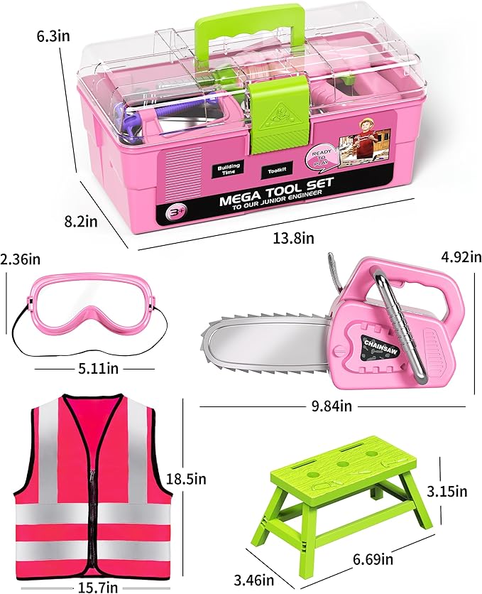 Deejoy Tool Set with Tool Box & Electronic Toy Drill, Pretend Play Kids Construction Kits for Kids Ages 3-5 Years Old, Toddler Tool Set(Pink)-CubbioJoy