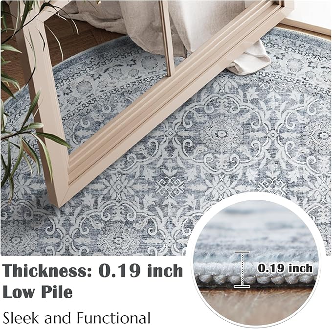 jinchan Round Rug 6ft Washable Circle Soft Rug - Low Pile Vintage 6'Round Indoor Grey Floral Print Stain Resistant Boho Carpet Ultra-Thin Non-Slip for Living Room Nursery Bedroom Dining Room Kitchen-CubbioJoy