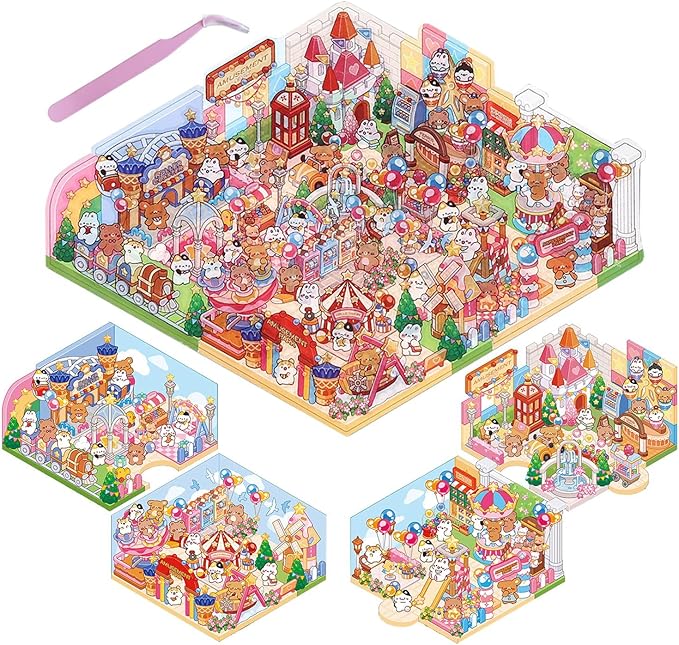 DIY 3D House Stickers, Cute 3D Cartoon Scene for Adult Kids Relief Stress Pass The Time,Cute Make Your Own House Stickers for Gifts Paint by Sticker.(4 Set)-CubbioJoy