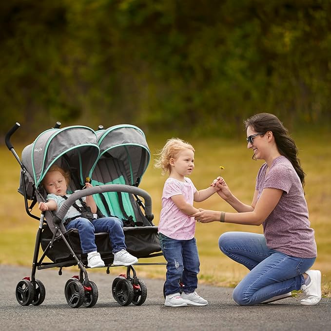 Dream On Me Volgo Twin Umbrella Stroller in Mint, Lightweight Double Stroller for Infant & Toddler, Compact Easy Fold, Large Storage Basket, Large and Adjustable Canopy-CubbioJoy