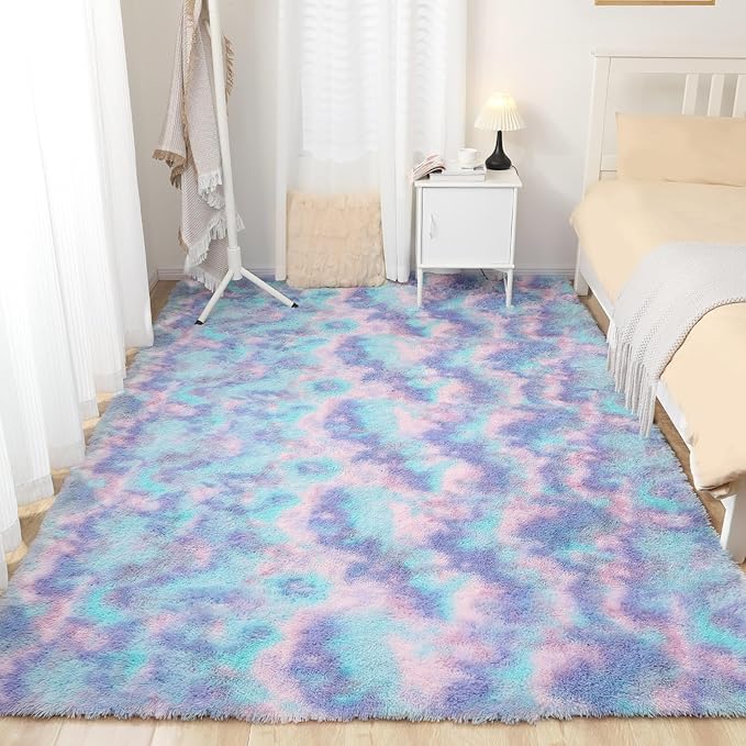 4x5.8 Rainbow Rug for Girls Room, Fluffy Area Rugs for Bedroom, Colorful Kids Rug Cute Anti-Skid Indoor Carpet for Nursery, Living Room, Playroom, Home Decor-CubbioJoy