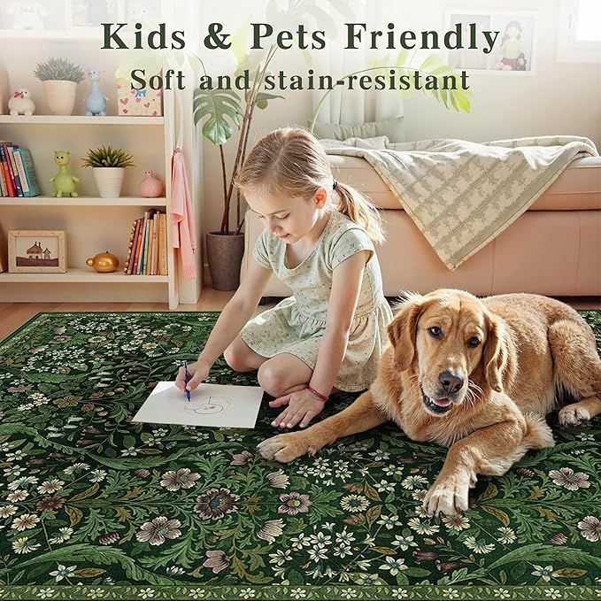 5×7 Dark Green Washable Floral Area Rug,Vintage Boho Soft Low-Pile Living Room Rugs, Stain Resistant Botanical Non-Slip Carpet for Bedroom,Dining Room, Kids Nursery,Home Decor-CubbioJoy