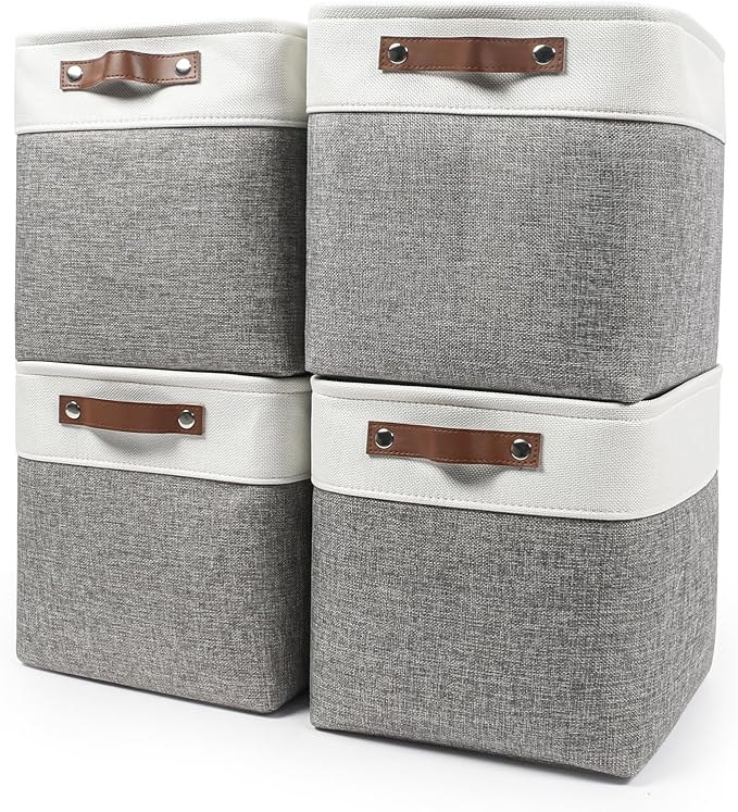 13x13 Cube Storage Bins, Collapsible Fabric Storage Box, 4 Pack Closet Baskets with Handles for Organizing, Shelf, Toys, Clothes, Home, Office, Nursery (Grey&White)-CubbioJoy