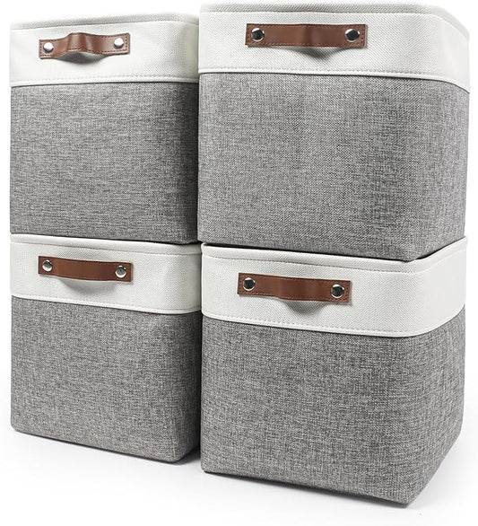 13x13 Cube Storage Bins, Collapsible Fabric Storage Box, 4 Pack Closet Baskets with Handles for Organizing, Shelf, Toys, Clothes, Home, Office, Nursery (Grey&White)-CubbioJoy