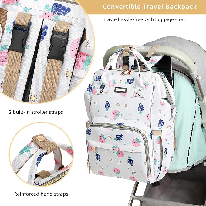 Diaper Bag Backpack, Diaper Bags for Baby Girls Boys, Baby Bags for Moms Dads, Nappy Changing Bag with Insulated Pockets,Multi-functional Waterproof Backpack with Stroller straps-Berry White-CubbioJoy