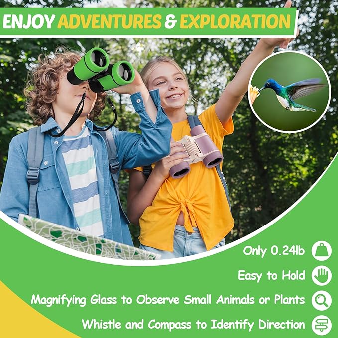 Binoculars for Kids, Kids Binoculars Toys for 3 4 5 6 7 8 Years Boys and Girls, Set with Magnifying Glass & Compass - Birthday Gifts Outdoor Toy for Kid Ages 3-8 Toddler Camping (Green)-CubbioJoy