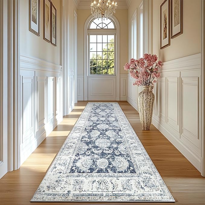 jinchan Long Hallway Runner Rug 2x12 Machine Washable Runner Rug Dark Blue Vintage Floral Design Non-Slip Ultra-Thin for Kitchen Laundry Room Bedroom Farmhouse (2‘x12',Dark Blue)-CubbioJoy