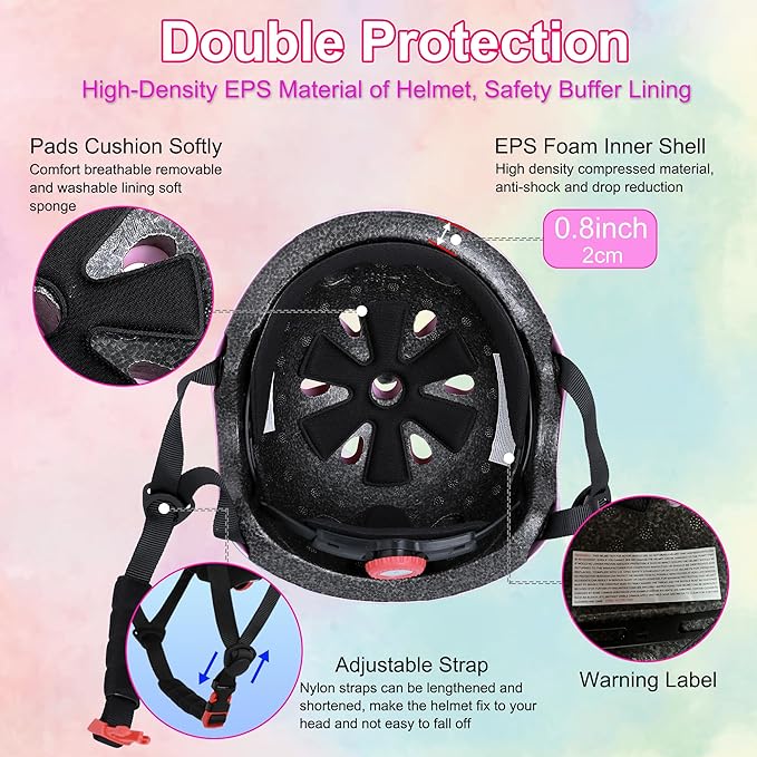 Kids Bike Helmet with DIY Stickers and Knee Pads Elbow Pads Wrist Guard Set for Ages 3-8-14 Toddler Boys Girls Helmet for Roller Skates Cycling Skateboarding Bicycle Scooter-CubbioJoy