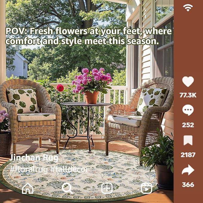 jinchan 4ft Floral Round Rug for Entryway Washable Kitchen Rug Vintage Romance Design Non Slip Indoor Doormat Lightweight Low-Profile Throw Carpet for Living Room Dining Room Bedroom, Green/Beige-CubbioJoy