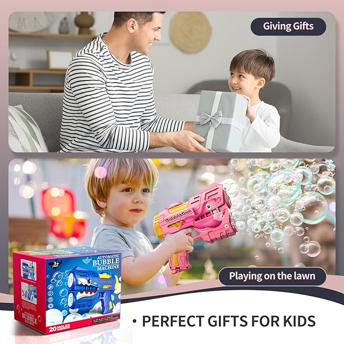 Jasny 2 Pack Rechargeable Dino Bubble Guns for Kids, LED Light Up Bubbles Machine Blower with 2 Bottles Refill Solution for Toddlers, Summer Wedding Toys Gift-CubbioJoy