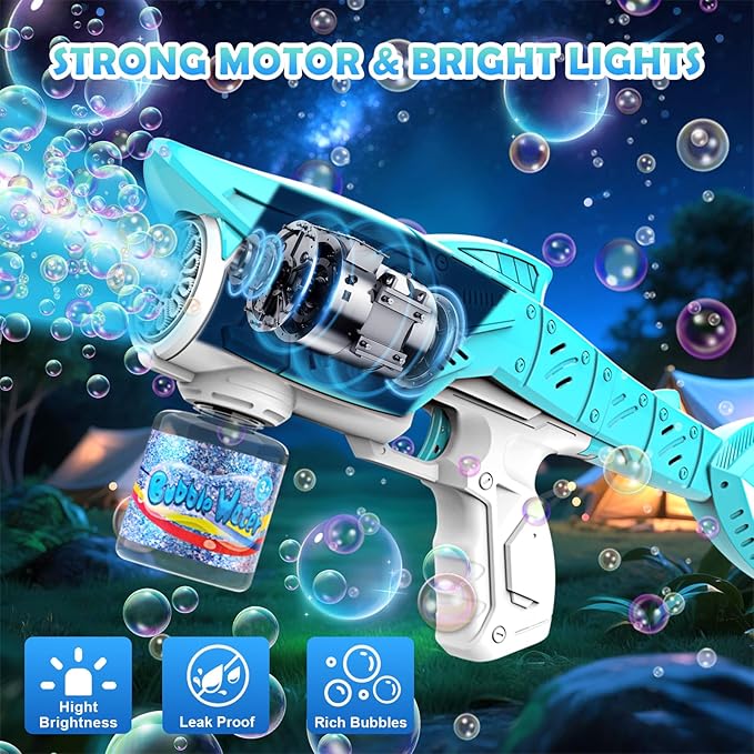 Automatic Bubble Machine Gun for Kids with 2 Bottles 5 Bags of Refill Solution Lights ElectricShark Bubble Gun Toys Outdoor Toys Gifts Wedding Easter Party Favor-CubbioJoy